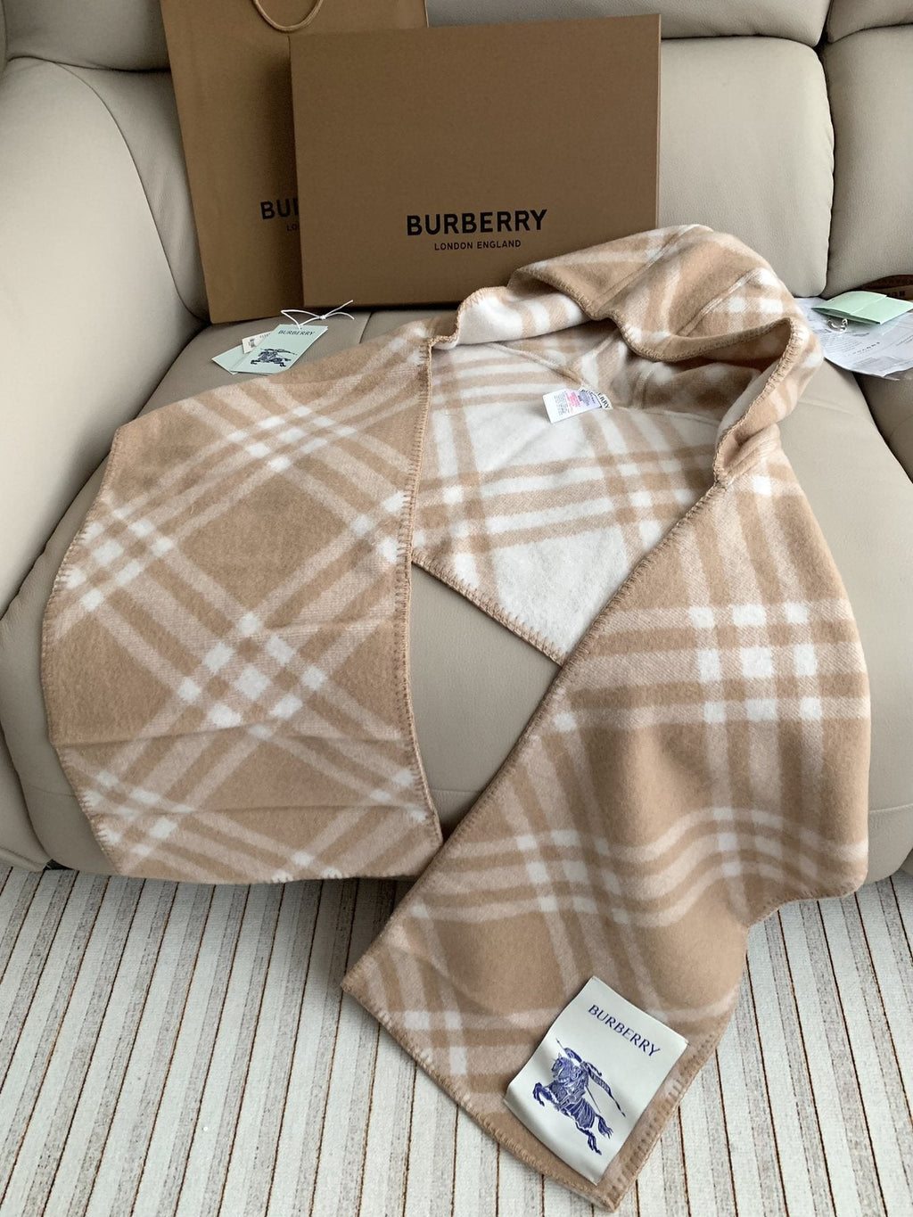 Burberry Beige Plaid Fringe Scarf